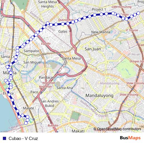 Cubao - V Cruz bus Line Map