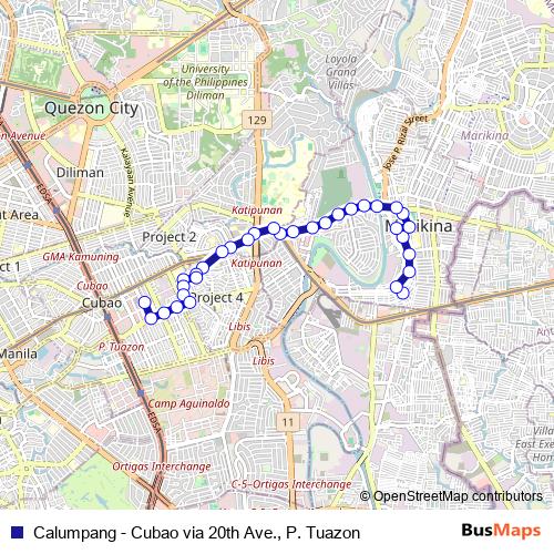 Calumpang - Cubao via 20th Ave., P. Tuazon bus Line Map