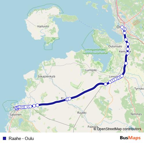 Raahe - Oulu bus Line Map
