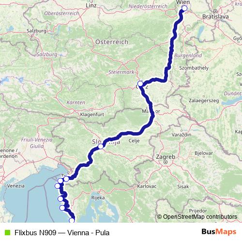 Flixbus N909 bus Line Map