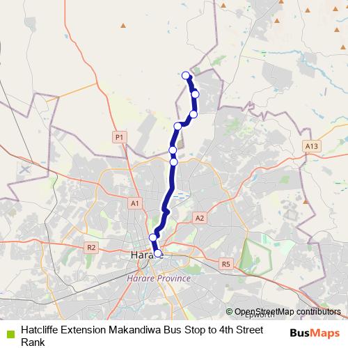 Hatcliffe Extension Makandiwa Bus Stop to 4th Street Rank bus Line Map