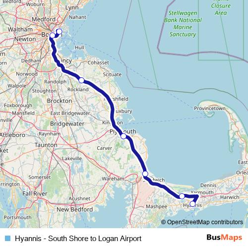 Hyannis - South Shore to Logan Airport bus Line Map