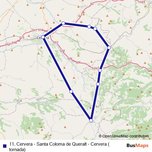 11. Cervera - Santa Coloma de Queralt - Cervera (tornada) bus Line Map