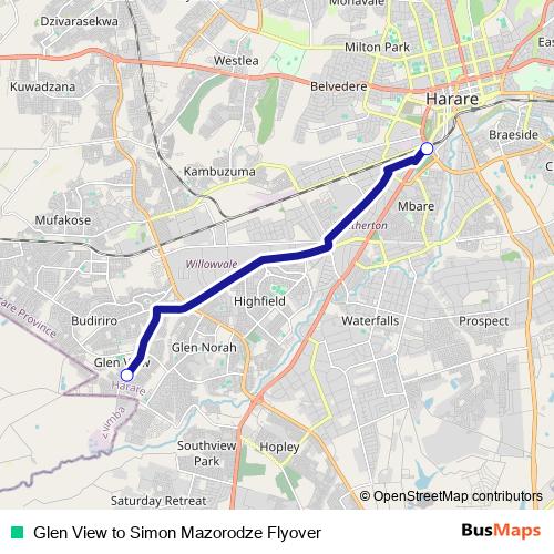 Glen View to Simon Mazorodze Flyover bus Line Map