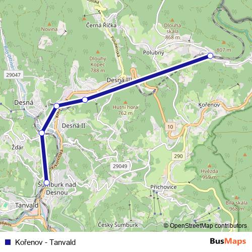 Kořenov - Tanvald rail Line Map