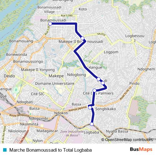 Marche Bonamoussadi to Total Logbaba bus Line Map