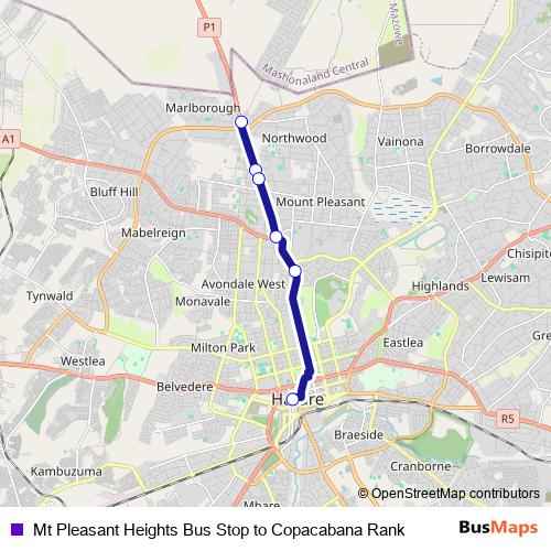 Mt Pleasant Heights Bus Stop to Copacabana Rank bus Line Map