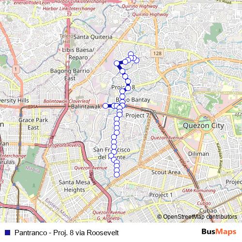 Pantranco - Proj. 8 via Roosevelt bus Line Map
