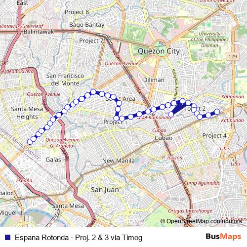 Espana Rotonda - Proj. 2 & 3 via Timog bus Line Map