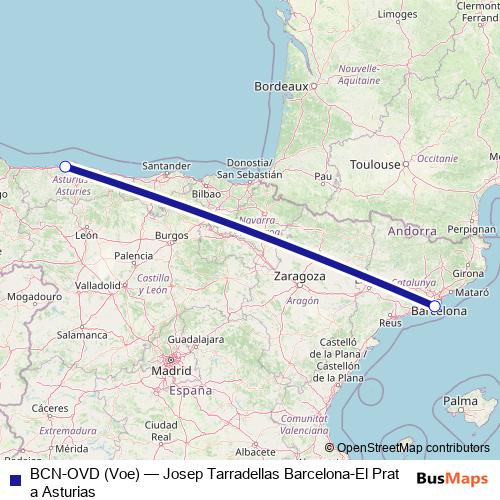 BCN-OVD (Voe) air Line Map