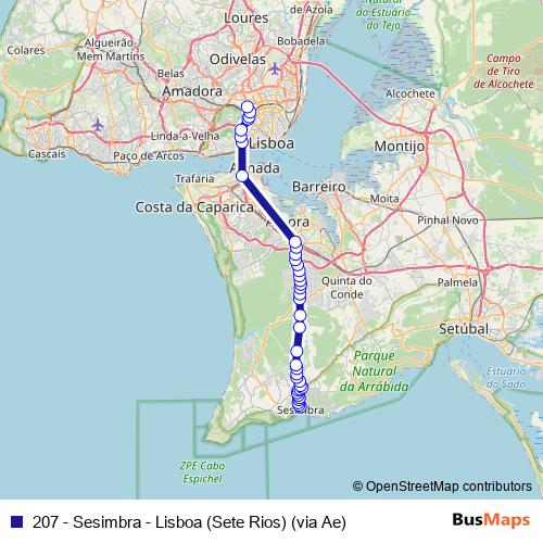 207 - Sesimbra - Lisboa (Sete Rios) (via Ae) bus Line Map
