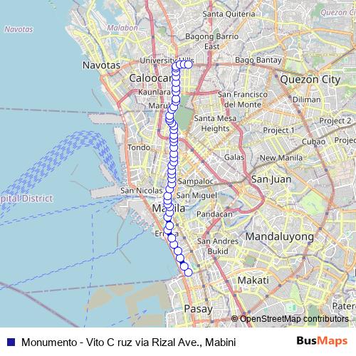 Monumento - Vito C ruz via Rizal Ave., Mabini bus Line Map