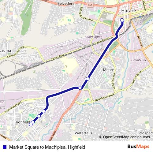 Market Square to Machipisa, Highfield bus Line Map