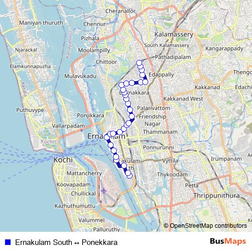 Ernakulam South ↔ Ponekkara bus Line Map