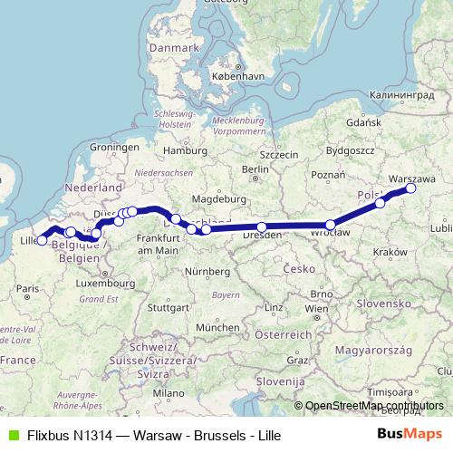 Flixbus N1314 bus Line Map