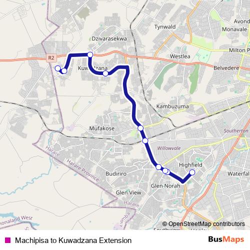 Machipisa to Kuwadzana Extension bus Line Map