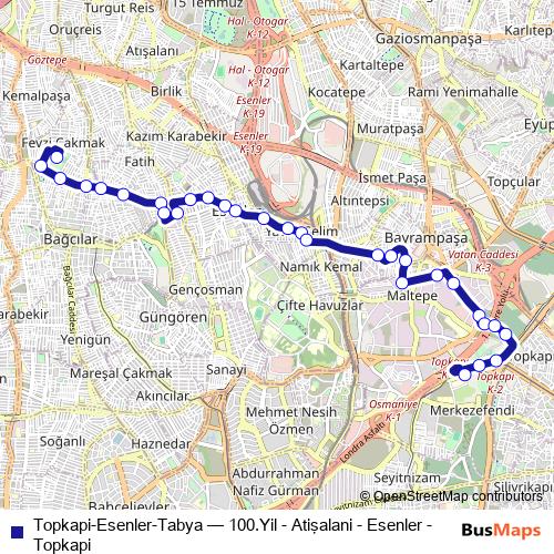 Topkapi-Esenler-Tabya bus Line Map