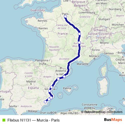 Flixbus N1131 bus Line Map