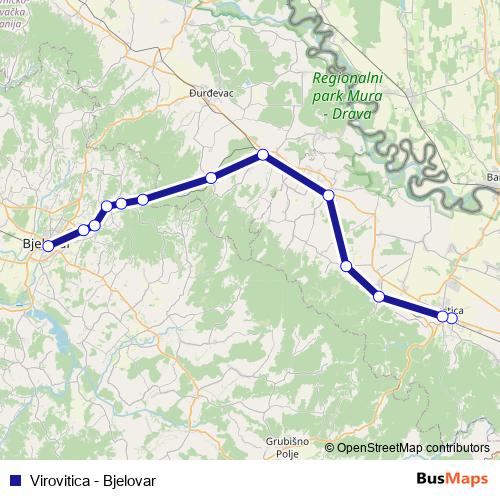 Virovitica - Bjelovar rail Line Map