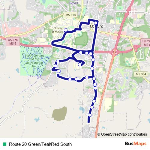 Route 20 Green/Teal/Red South bus Line Map