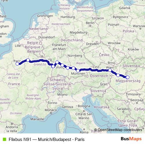 Flixbus N91 bus Line Map
