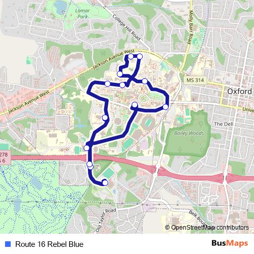 Route 16 Rebel Blue bus Line Map