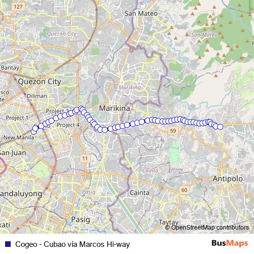Cogeo - Cubao via Marcos Hi-way bus Line Map
