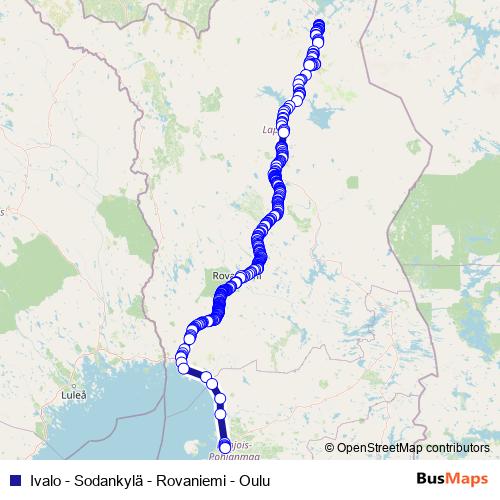 Ivalo - Sodankylä - Rovaniemi - Oulu bus Line Map