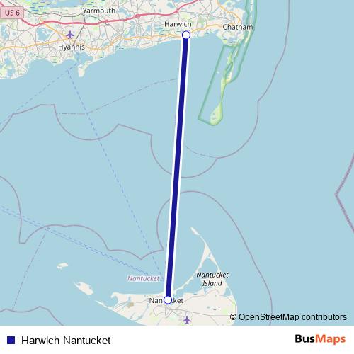 Harwich-Nantucket ferry Line Map