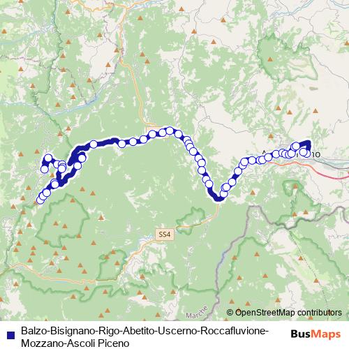 Balzo-Bisignano-Rigo-Abetito-Uscerno-Roccafluvione-Mozzano-Ascoli Piceno bus Line Map