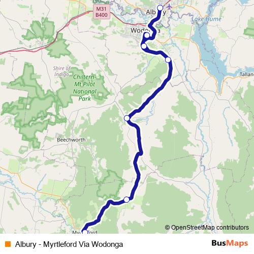 Albury - Myrtleford Via Wodonga bus Line Map