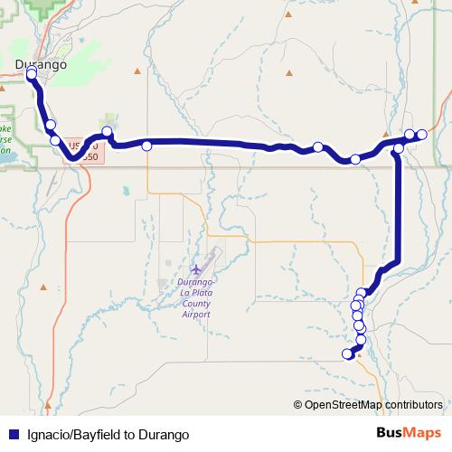 Ignacio/Bayfield to Durango bus Line Map