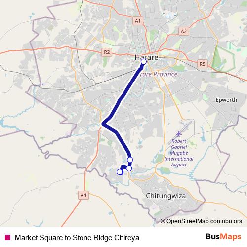Market Square to Stone Ridge Chireya bus Line Map