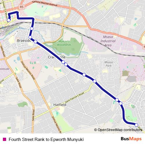 Fourth Street Rank to Epworth Munyuki bus Line Map