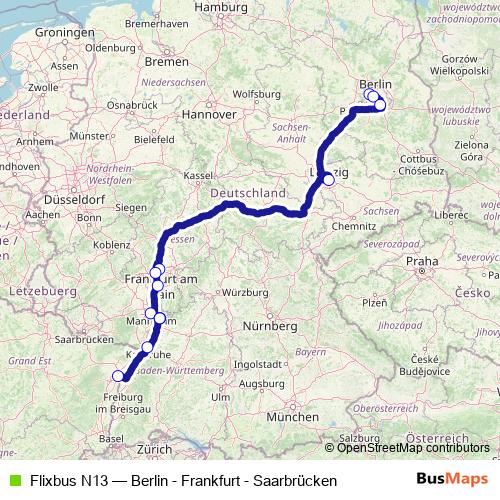 Flixbus N13 bus Line Map