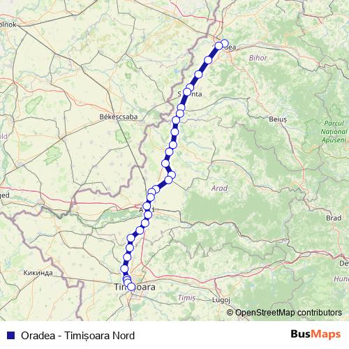 Oradea - Timişoara Nord rail Line Map