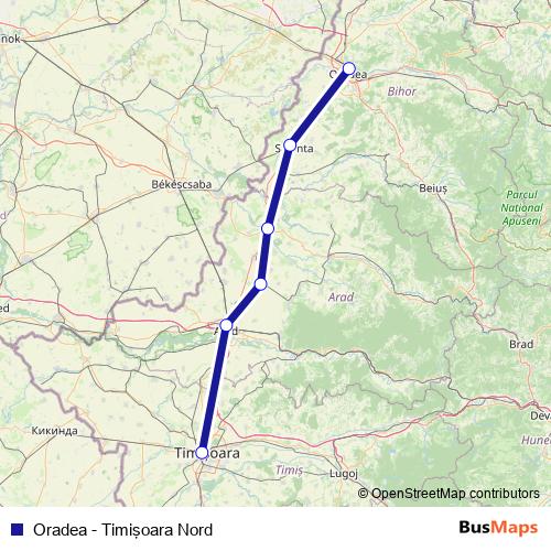 Oradea - Timişoara Nord rail Line Map