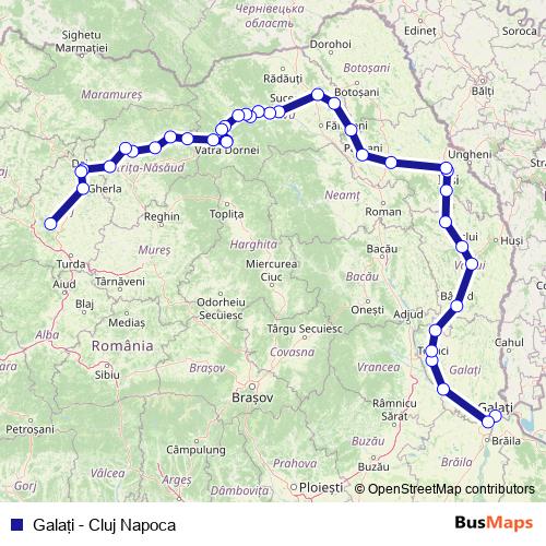 Galaţi - Cluj Napoca rail Line Map