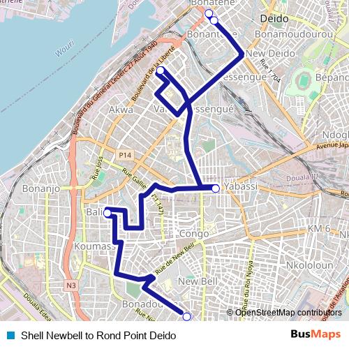 Shell Newbell to Rond Point Deido bus Line Map