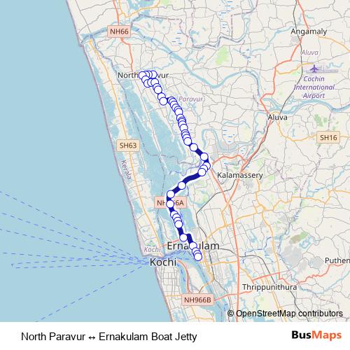 North Paravur ↔ Ernakulam Boat Jetty bus Line Map