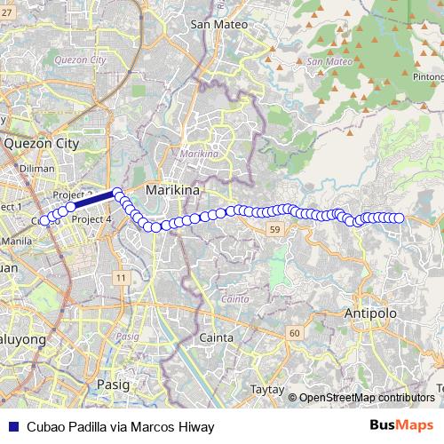 Cubao Padilla via Marcos Hiway bus Line Map