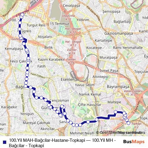 100.Yil MAH-Bağcilar-Hastane-Topkapi bus Line Map