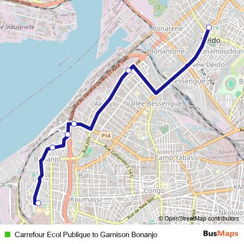 Carrefour Ecol Publique to Garnison Bonanjo bus Line Map