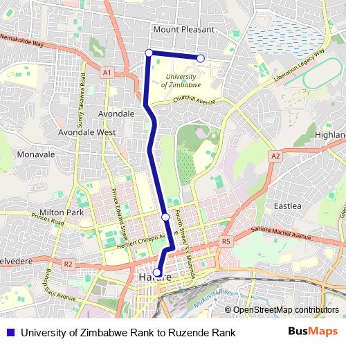 University of Zimbabwe Rank to Ruzende Rank bus Line Map