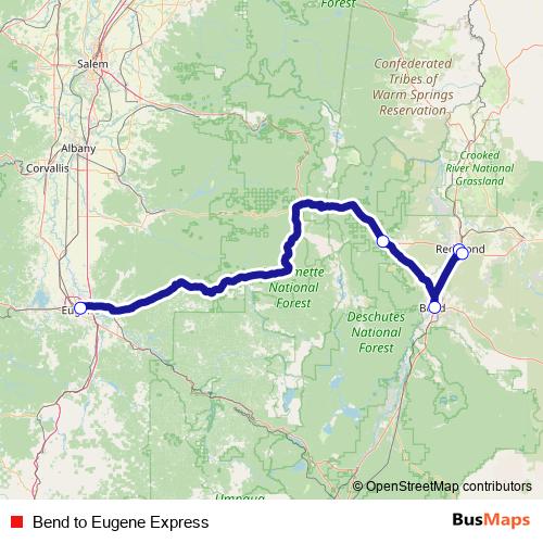 Bend to Eugene Express bus Line Map