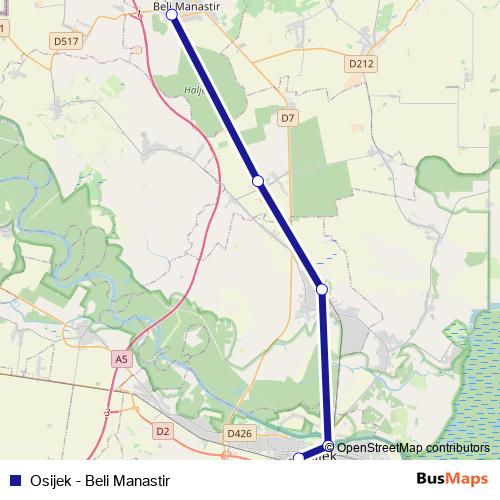 Osijek - Beli Manastir rail Line Map