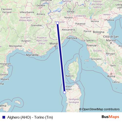 Alghero (AHO) - Torino (Trn) air Line Map