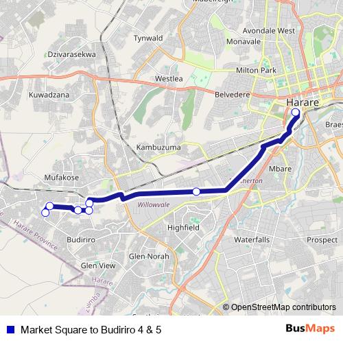 Market Square to Budiriro 4 & 5 bus Line Map