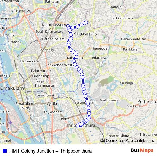 HMT Colony Junction ↔ Thrippoonithura bus Line Map