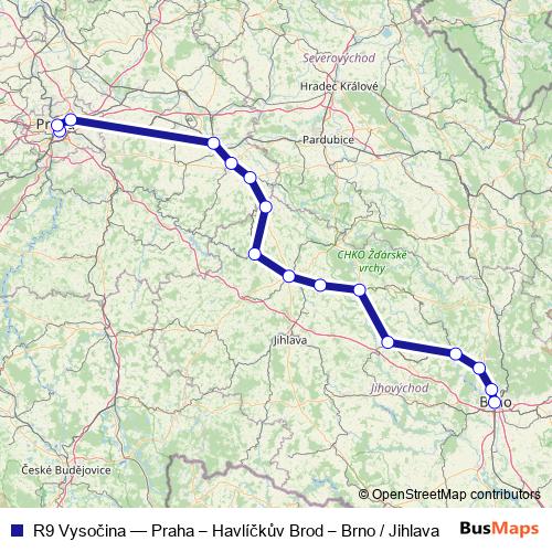 R9 Vysočina rail Line Map